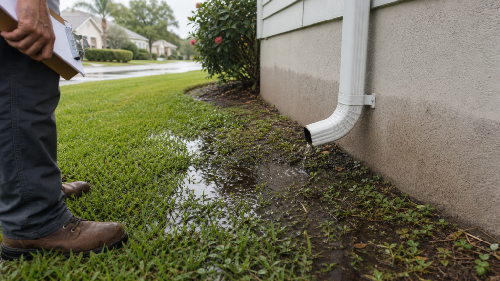 Yard drainage inspection beside an Apopka foundation