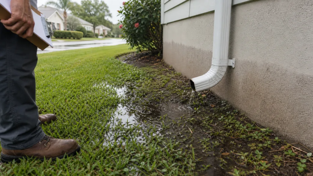 How Yard Drainage Helps Protect Foundations in Apopka 10 Yard drainage inspection beside an Apopka foundation