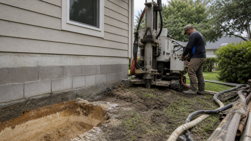 Soil stabilization equipment beside an Apopka home