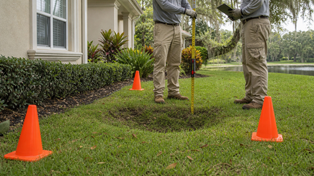 Yard depression inspection for possible sinkhole signs in Apopka