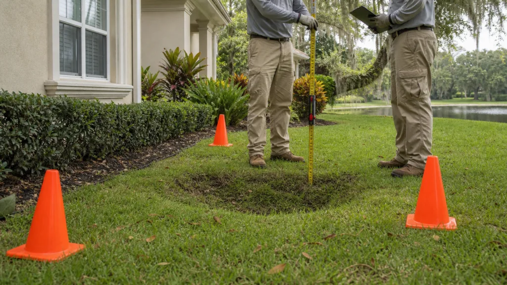 Sinkhole Warning Signs Around an Apopka Property 8 Yard depression inspection for possible sinkhole signs in Apopka
