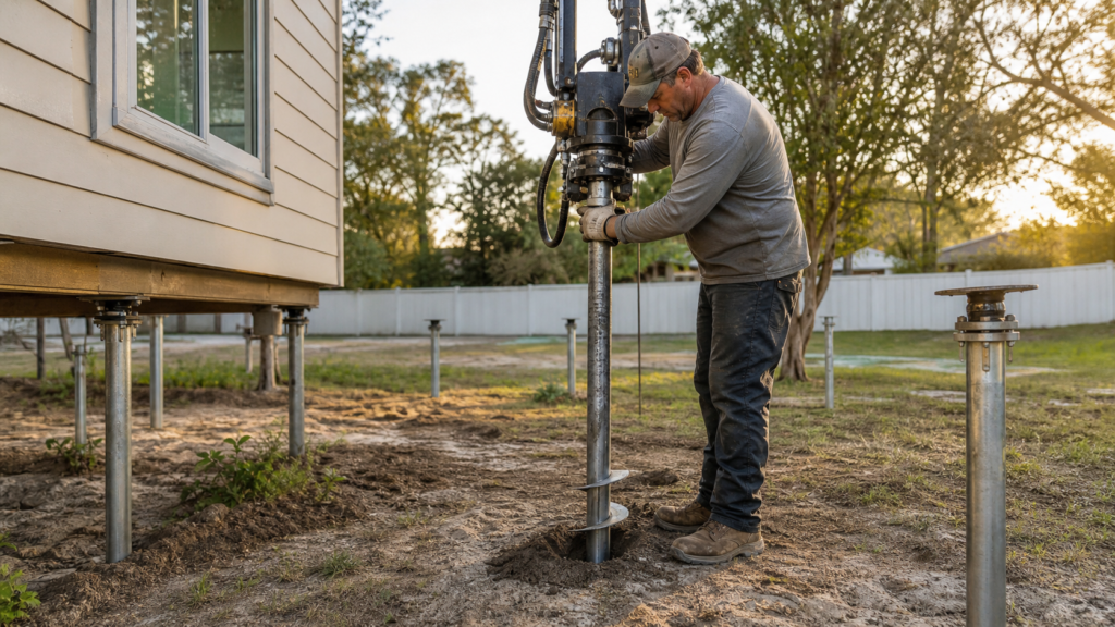 Helical pier installation for an Apopka structure