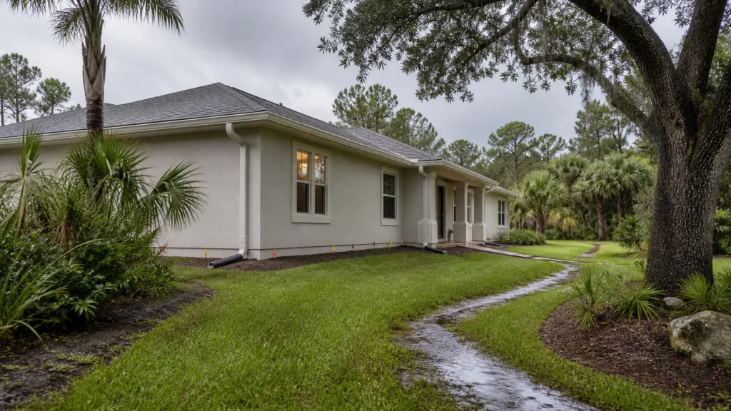 Illustration of gutters, downspout discharge, graded lawn, and slab-edge drainage at an Apopka home after light rain