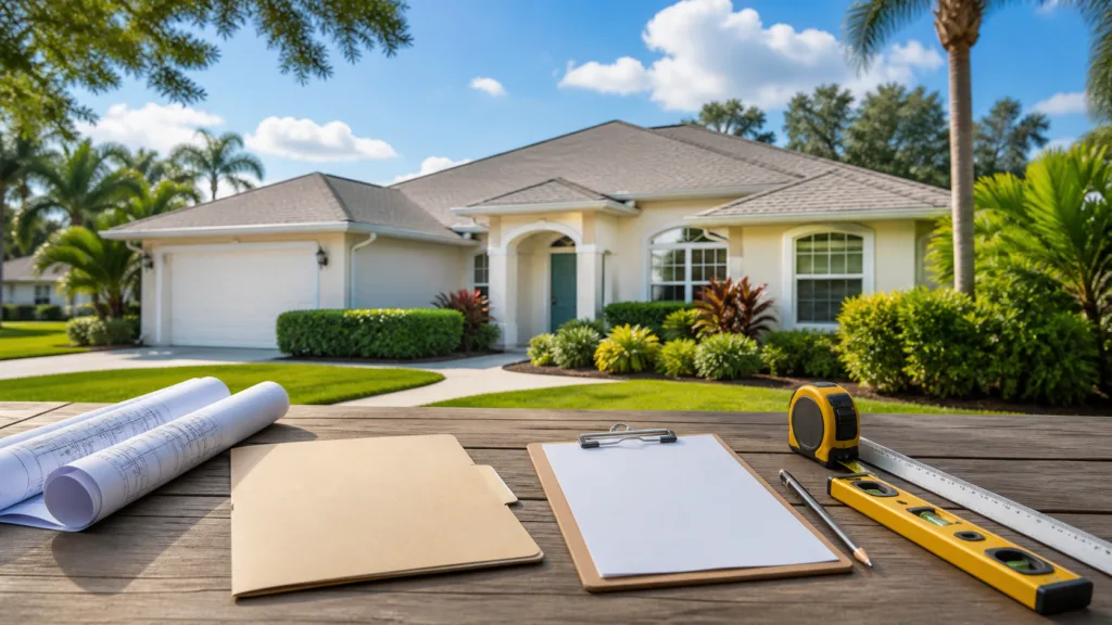 Illustration of building plans and inspection tools arranged outside an Apopka home before foundation work