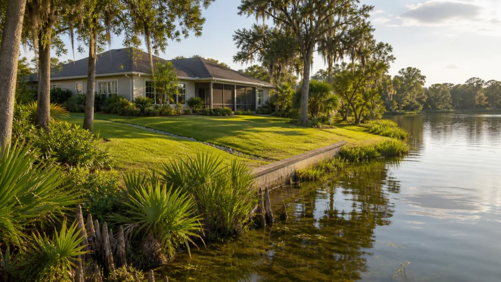 Illustration of an Apopka lakefront home with a swale, downspout route, vegetation, and modest seawall