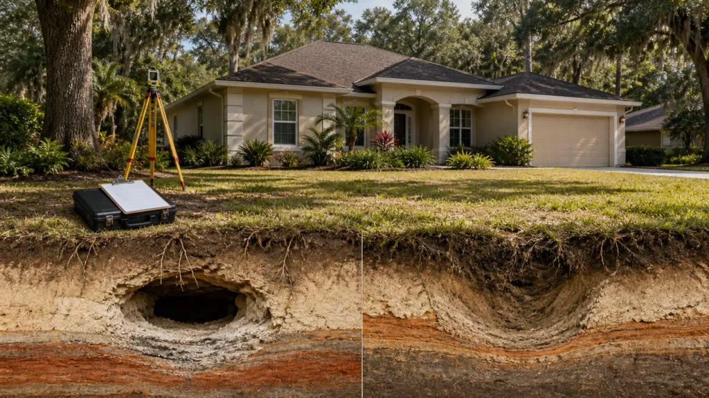 Illustration of an Apopka home with a subtle ground cutaway comparing shallow settlement and a subsurface void