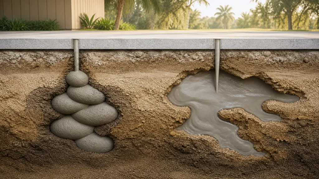 Cutaway illustration comparing dense compaction grout bulbs with flowable slurry filling an irregular void